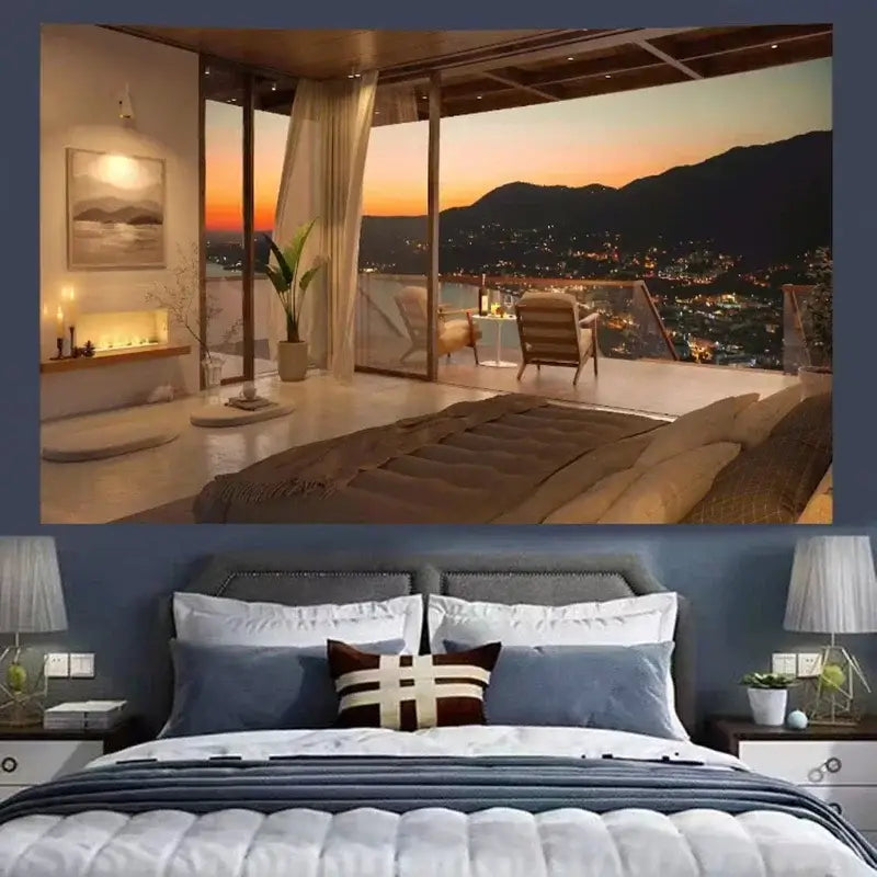 Luxury bedroom with plush bed featuring white and blue bedding and brown patterned pillow in cozy retro cottage decorbites retro cottage wall tapestry