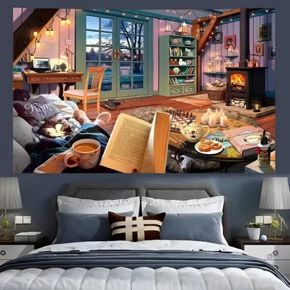 Cozy retro cottage wall tapestry featuring blue and white bedding decor in a cozy retro bedroom scene