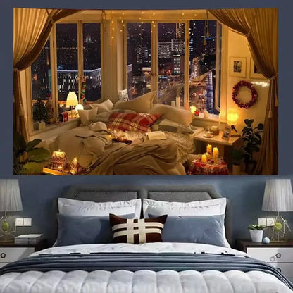 Cozy retro cottage wall tapestry featuring a blue and white bedroom scene with cozy retro decorbites style