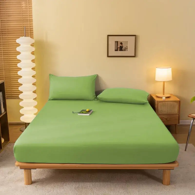 Bright green decorbites cozy solid fitted sheet with smooth stretchy fabric snugly covering the bed mattress cover