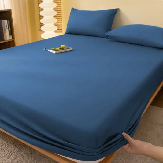 Blue fitted sheet with smooth stretchy fabric from decorbites cozy solid color collection for mattress protection