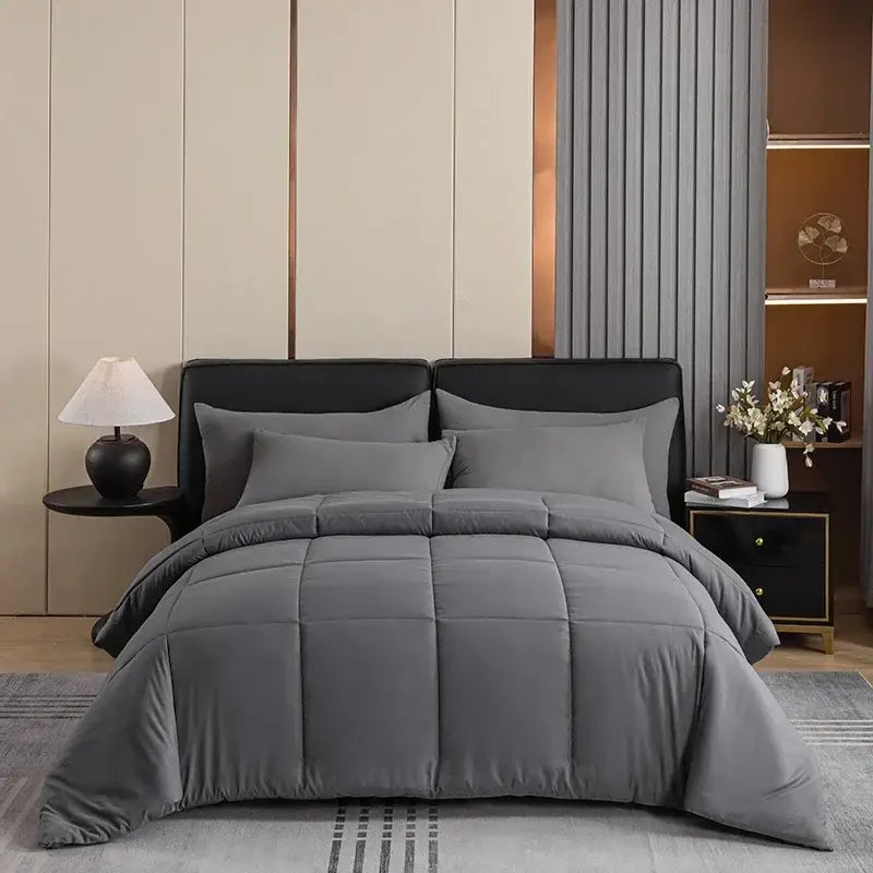 Gray quilted duvet set with soft plush texture and subtle stitching in decorbites cozy spring queen bedding collection