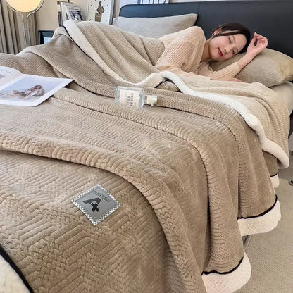 Beige plush throw blanket with soft texture and white fleece lining from decorbites cozy striped knitted velvet collection