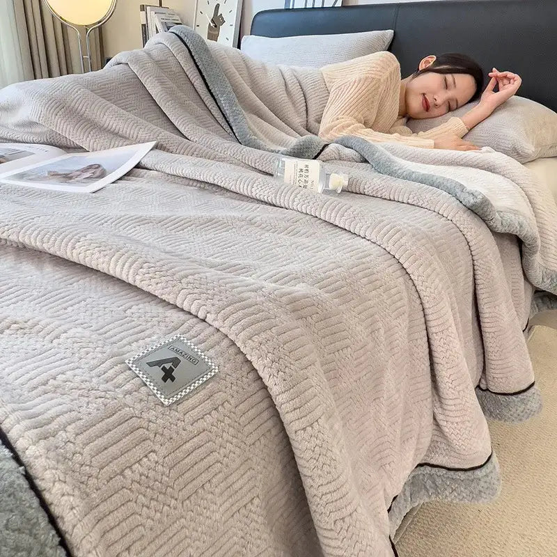 Beige plush quilted throw blanket with gray fleece trim and subtle texture for decorbites cozy striped knitted velvet blanket