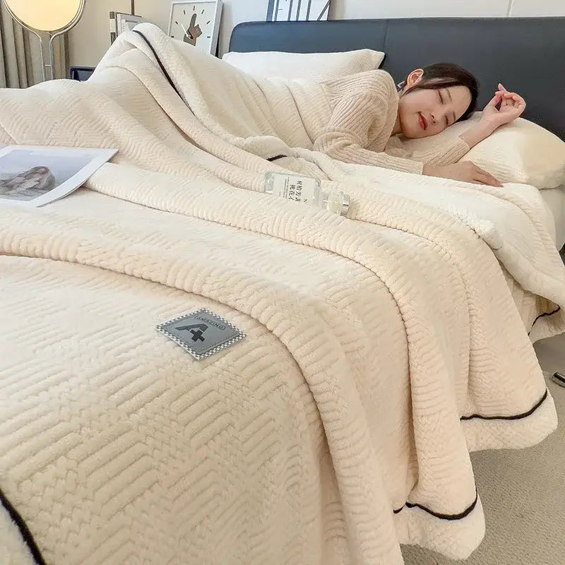 Cream-colored plush quilted blanket with black piping edges from decorbites cozy striped knitted velvet collection
