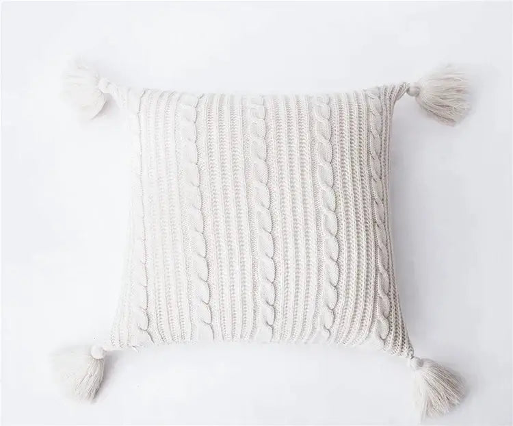 Cream-colored cable stitch knit cushion cover with tassels for living room bed decorbites knit pillow case