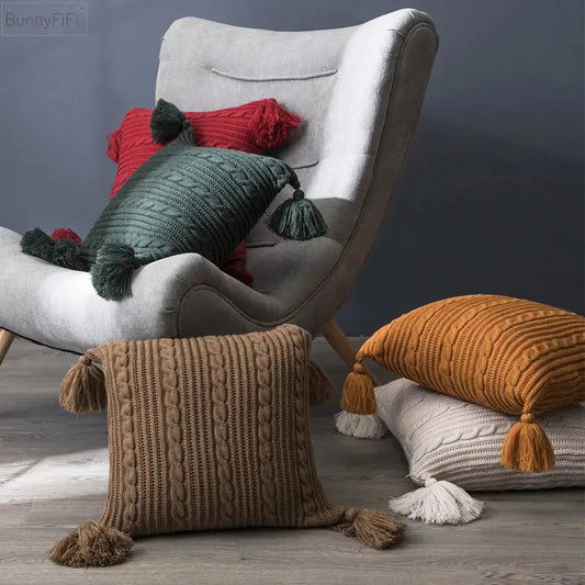 Cozy textured knit cushion cover with tassels in earthy tones for living room or bed decorbites knit pillow case