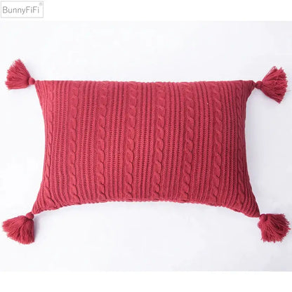 Bunnyfifi vibrant red cushion cover with textured cable-knit pattern and tassels perfect for living room decorbites knit pillow