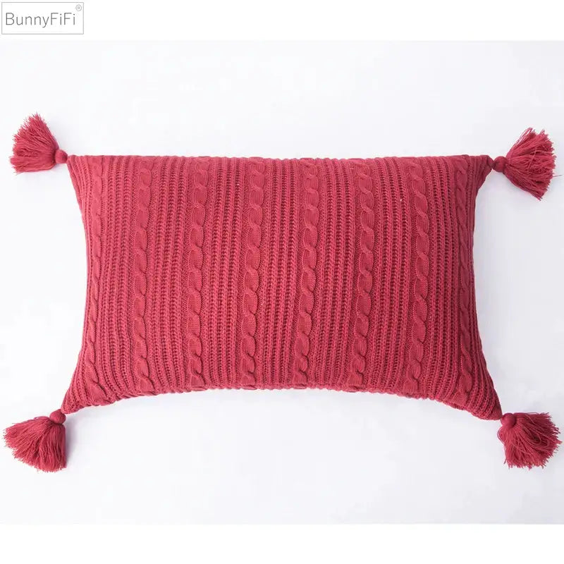 Bunnyfifi vibrant red cushion cover with textured cable-knit pattern and tassels perfect for living room decorbites knit pillow