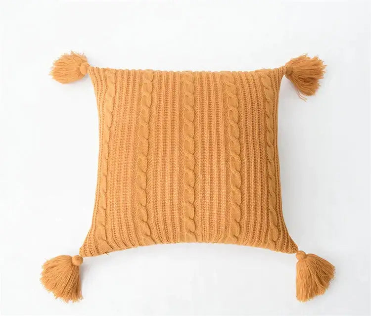 Warm amber cushion cover with textured cable-knit pattern and tassels for living room bed decorbites knit pillow case