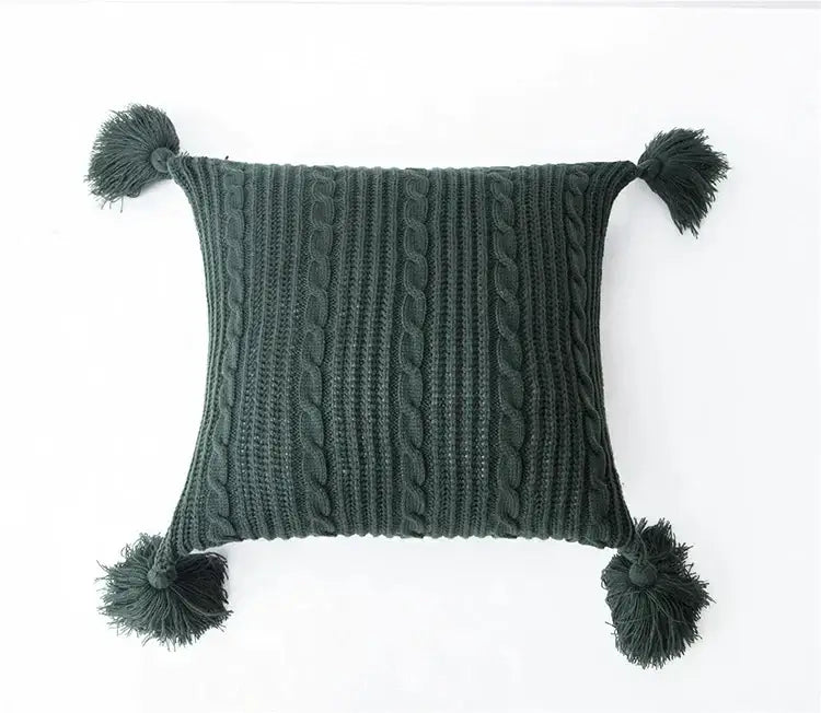 Dark green cable knit cushion cover with tassels on corners cozy decorbites knit pillow for living room or bed
