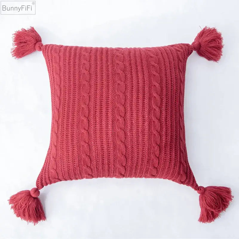 Red knitted cushion cover with cable knit pattern and tassels for cozy living room or bed decorbites knit pillow case