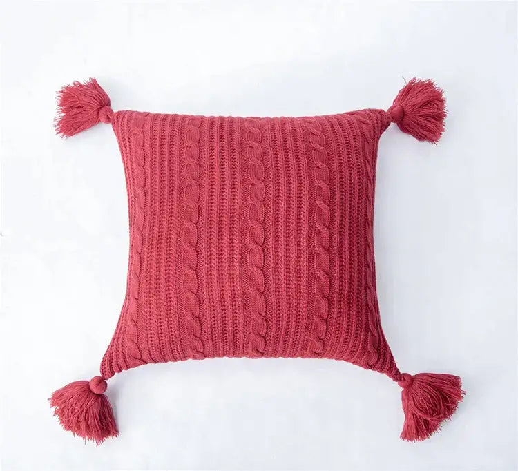 Cozy red cable-knit cushion cover with tassels for living room and bed decorbites knit pillow case