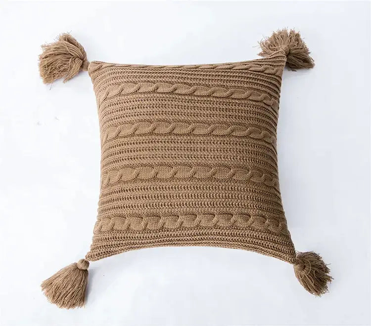 Tan knitted throw pillow with cable stitch pattern and matching tassels cushion cover for living room decorbites knit pillow