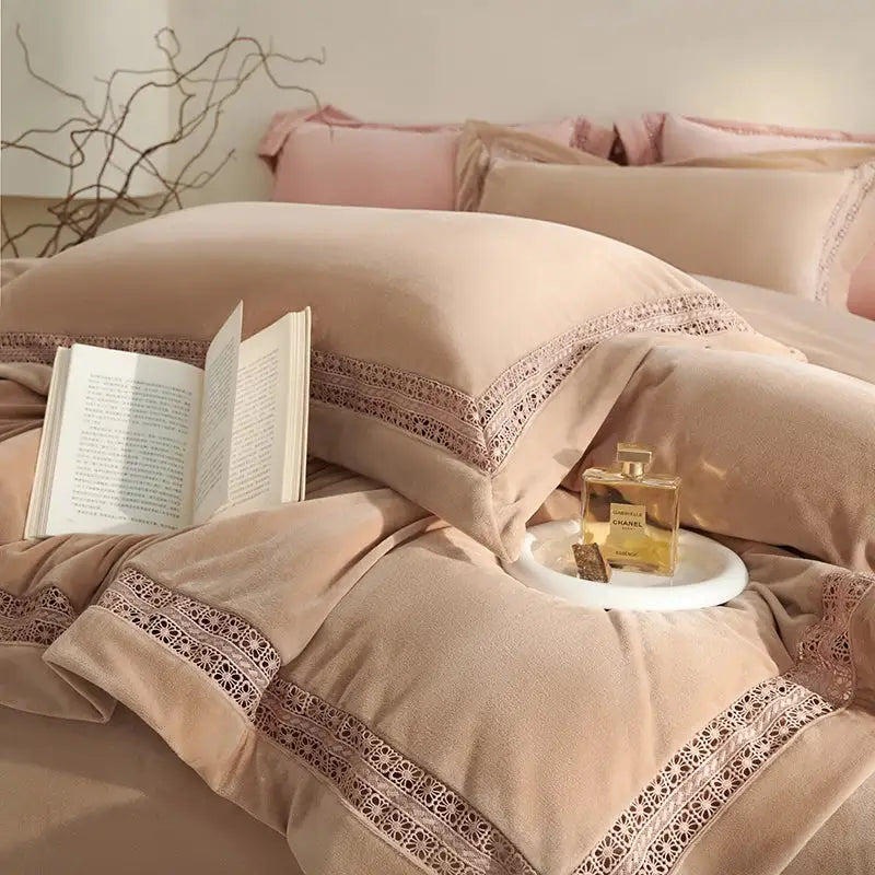 Beige velvet bedding set with delicate lace trim from decorbites cozy velvet lace cream bedroom decor collection
