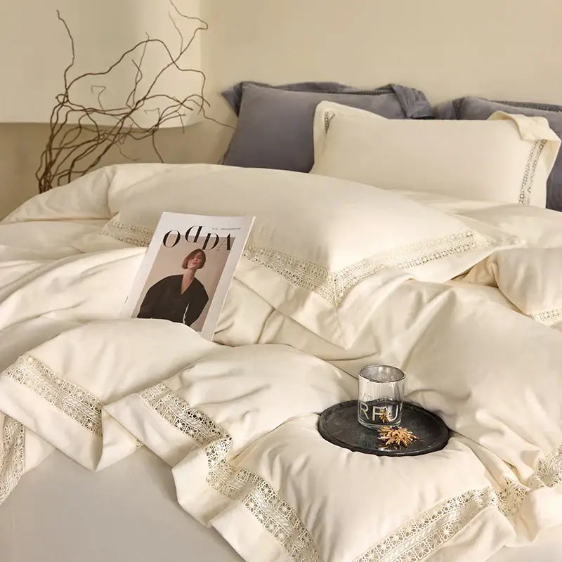 Cream-colored cozy velvet lace bedding set with delicate lace trim for elegant bedroom decor by decorbites cozy velvet