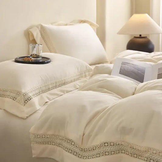 Cream-colored cozy velvet lace bedding set with delicate lace trim for elegant bedroom decor by decorbites cozy velvet
