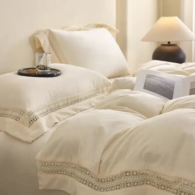 Cream-colored cozy velvet lace bedding set with delicate lace trim for elegant bedroom decor by decorbites cozy velvet