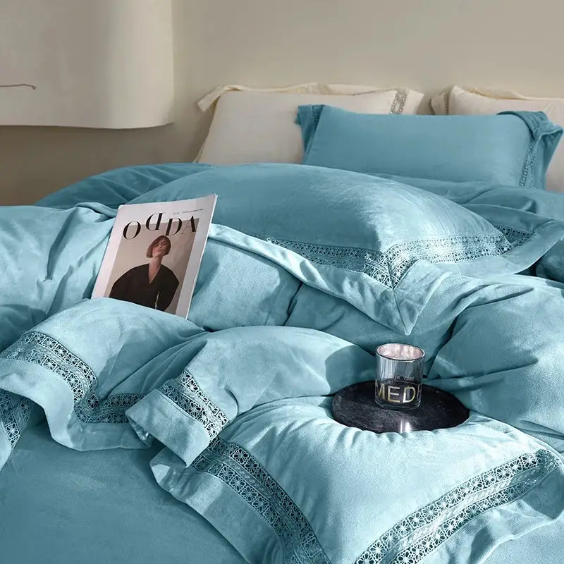 Light blue velvet bedding set with delicate lace trim for decorbites cozy velvet lace cream bedroom decor