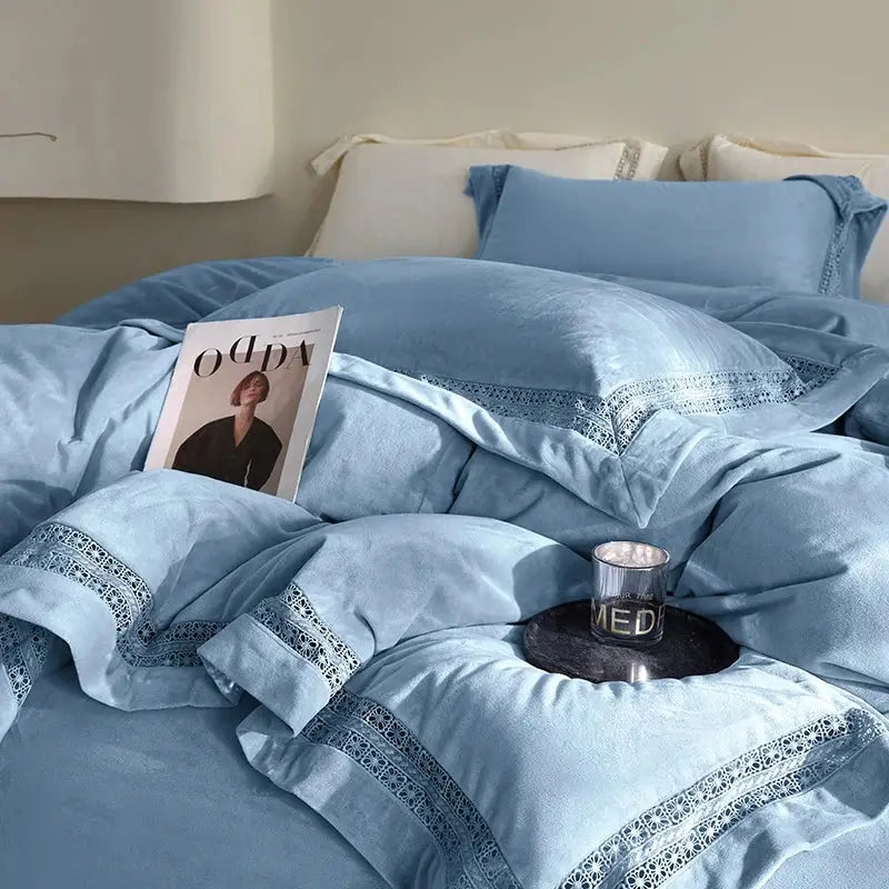 Light blue velvet bedding set with delicate lace trim for decorbites cozy velvet lace cream bedroom decor