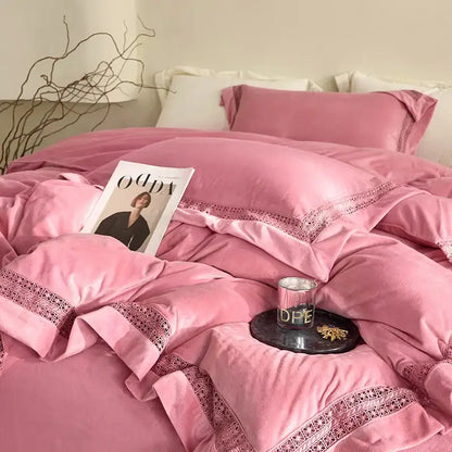Pink velvet duvet bedding set with delicate lace trim showcasing decorbites cozy velvet lace bedroom decor