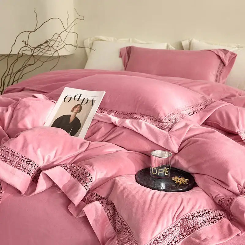 Pink velvet duvet bedding set with delicate lace trim showcasing decorbites cozy velvet lace bedroom decor