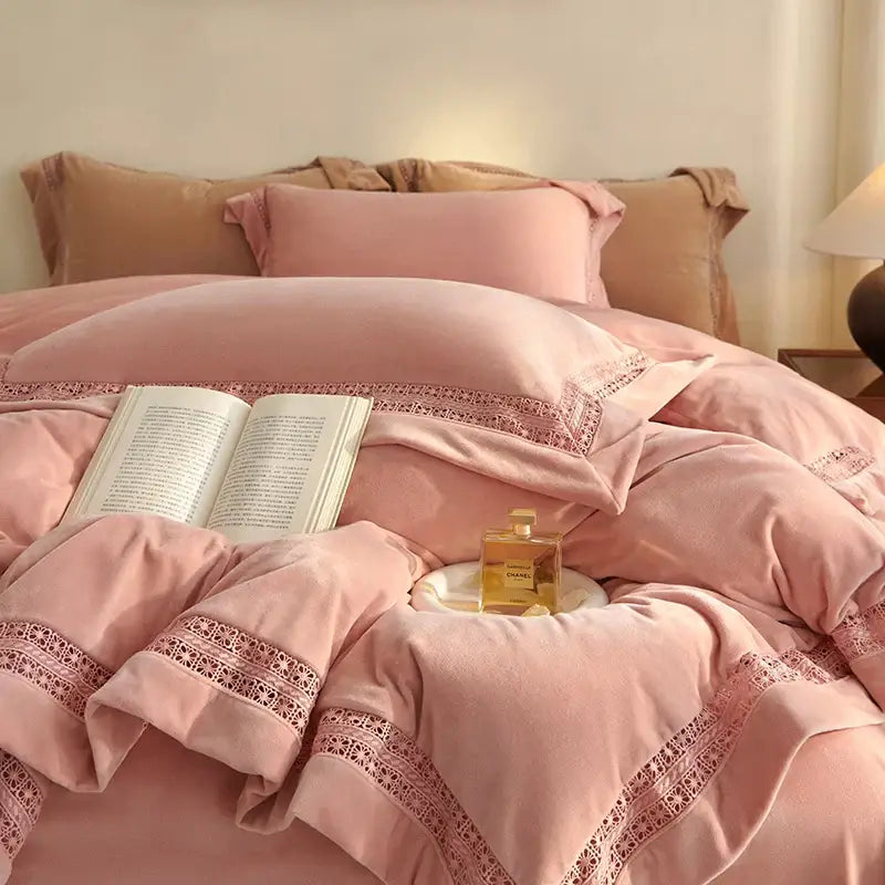 Pink velvet bedding set with delicate lace trim from decorbites cozy velvet lace collection for cream bedroom decor