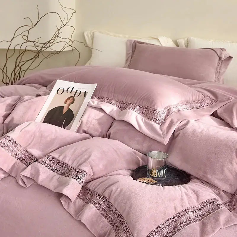 Cozy velvet lace bedding set in dusty rose velvet with delicate lace trim for cream bedroom decor by decorbites cozy velvet