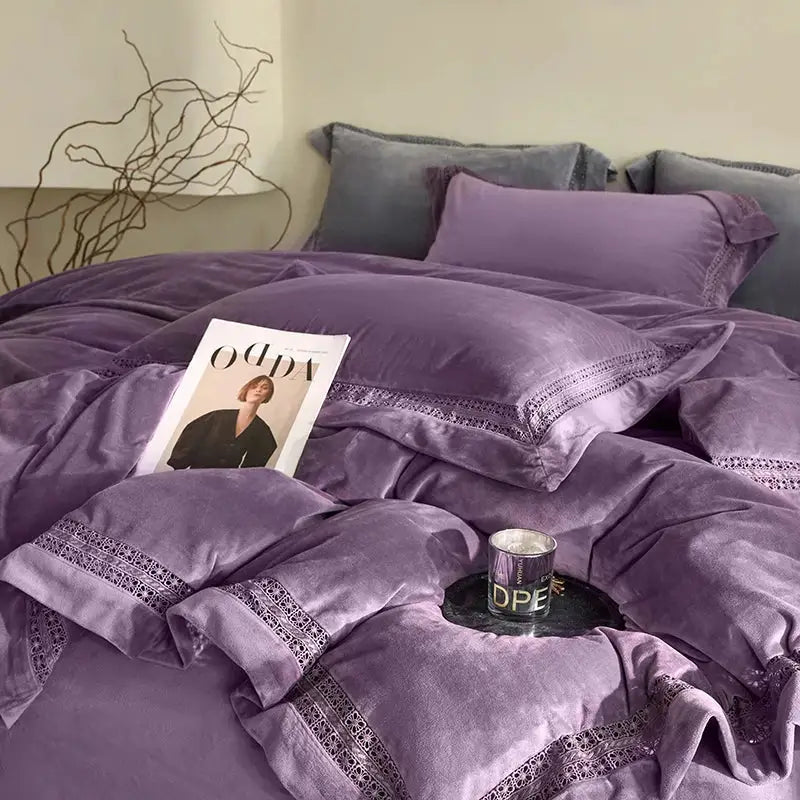 Purple velvet bedding set with delicate lace trim from decorbites cozy velvet lace collection for cream bedroom decor