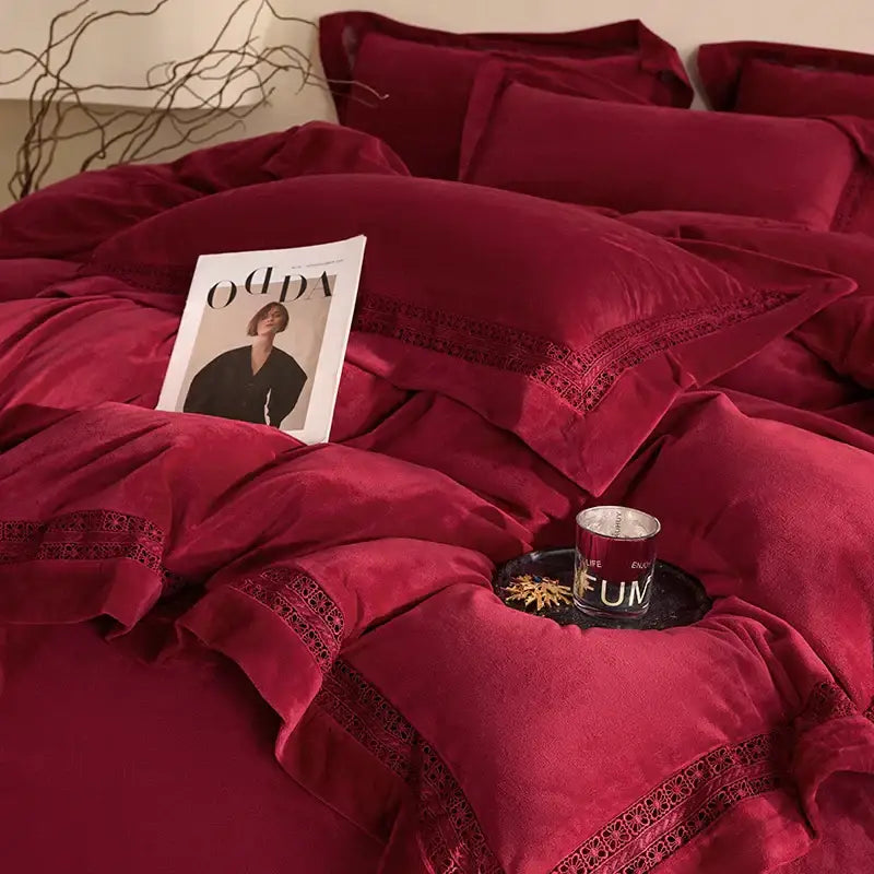 Rich burgundy velvet bedding set with delicate black lace trim cozy velvet lace for elegant decorbites cozy velvet decor