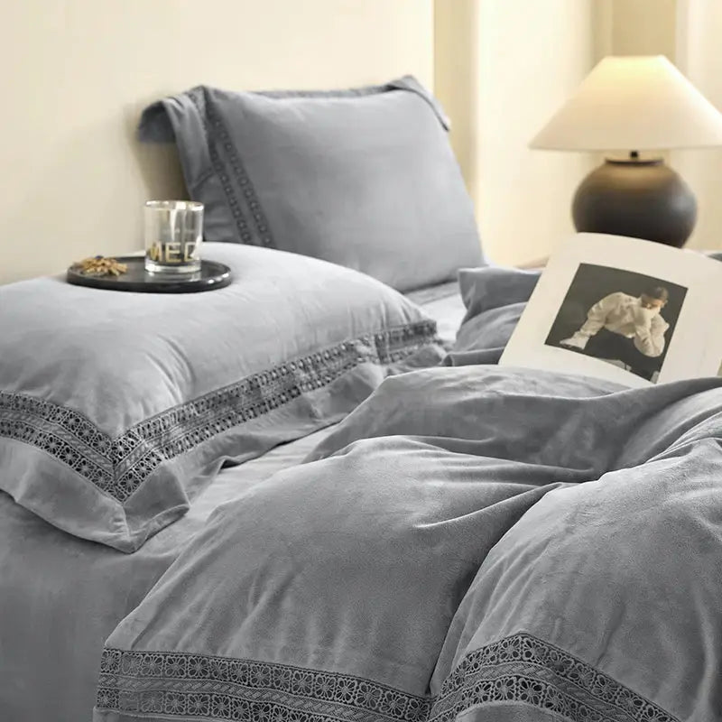 Soft gray velvet bedding set with delicate black lace trim edges for decorbites cozy velvet lace bedroom decor