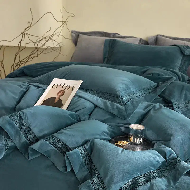 Teal velvet bedding set with lace trim showcasing decorbites cozy velvet lace for cream bedroom decor