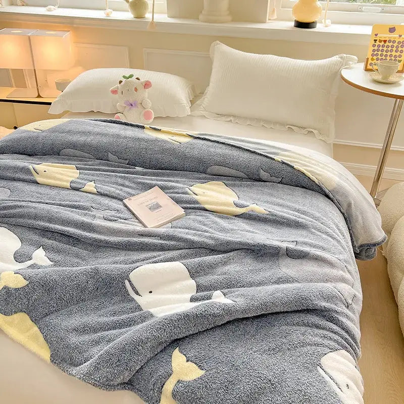 Gray plush blanket with white and yellow whale patterns complements colorful flower patterns bedroom decor fleece blanket