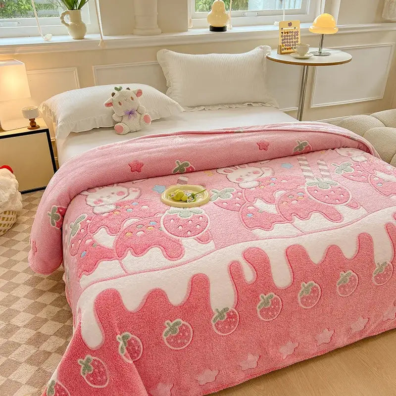 Cozy white fleece blanket with colorful flower patterns and a pink strawberry-themed plush side featuring embroidered characters
