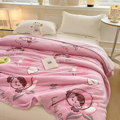 Pink plush blanket with cute cartoon girls and lucky day text featuring colorful flower patterns for cozy decor