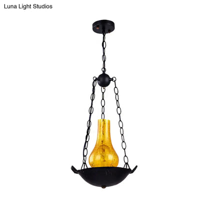 Crackle Glass Hanging Vintage Vase Pendant Light in Black/Brown