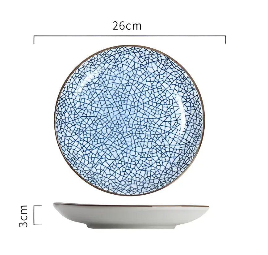 A 26cm decorbites ceramic dinner plate with blue crackle glaze and gold rim is ideal for a dinner plate set