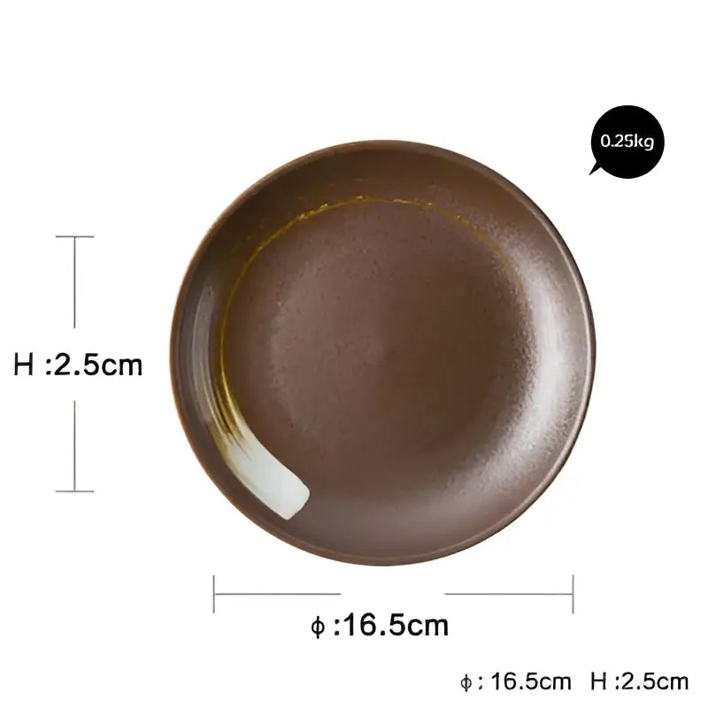 Brown ceramic dinner plate with subtle white brushstroke on rim from crackle glaze blue ceramic dinner plate set