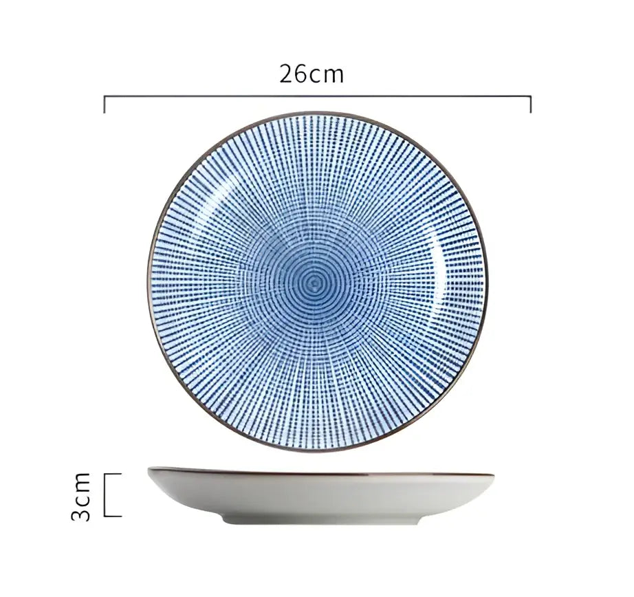 A 26cm wide blue radial dot ceramic dinner plate with silver rim from decorbites ceramic dinner plate set for dining use