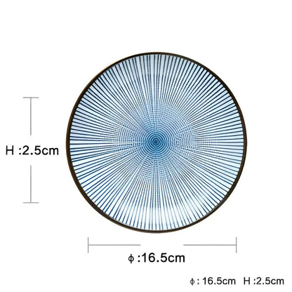 Circular blue ceramic dinner plate with black rim and radial line pattern from decorbites ceramic dinner plate set