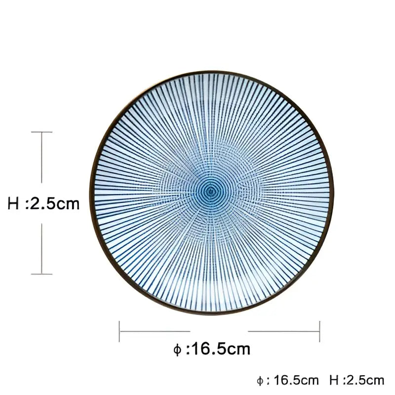 Circular blue ceramic dinner plate with black rim and radial line pattern from decorbites ceramic dinner plate set