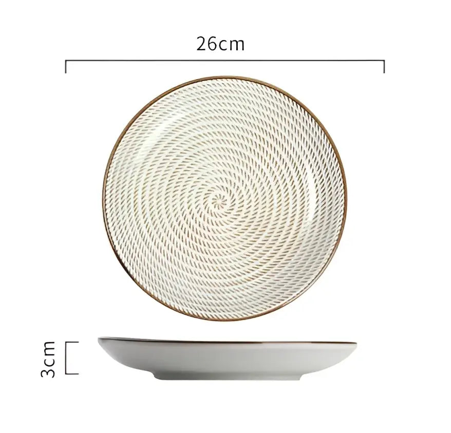 A 26cm wide crackle glaze blue ceramic dinner plate with subtle spiral texture and gold rim from decorbites dinner plate set