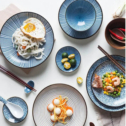 Crackle glaze blue ceramic dinner plate set with black radial stripes decorbites ceramic dinner tableware