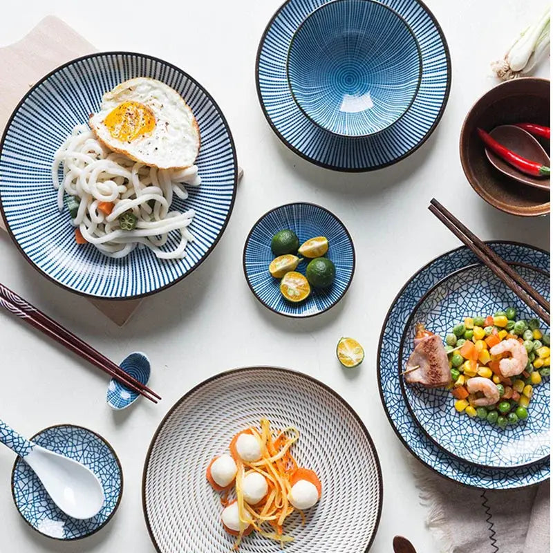 Crackle glaze blue ceramic dinner plate set with black radial stripes decorbites ceramic dinner tableware