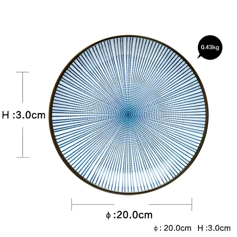 Circular ceramic dinner plate set with blue radial crackle glaze pattern and black rim for decorbites ceramic dinner use