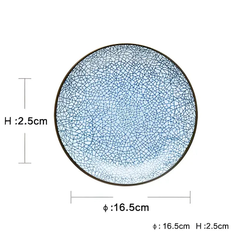 Circular ceramic dinner plate with crackle glaze in blue and white and dark rim from decorbites dinner plate set