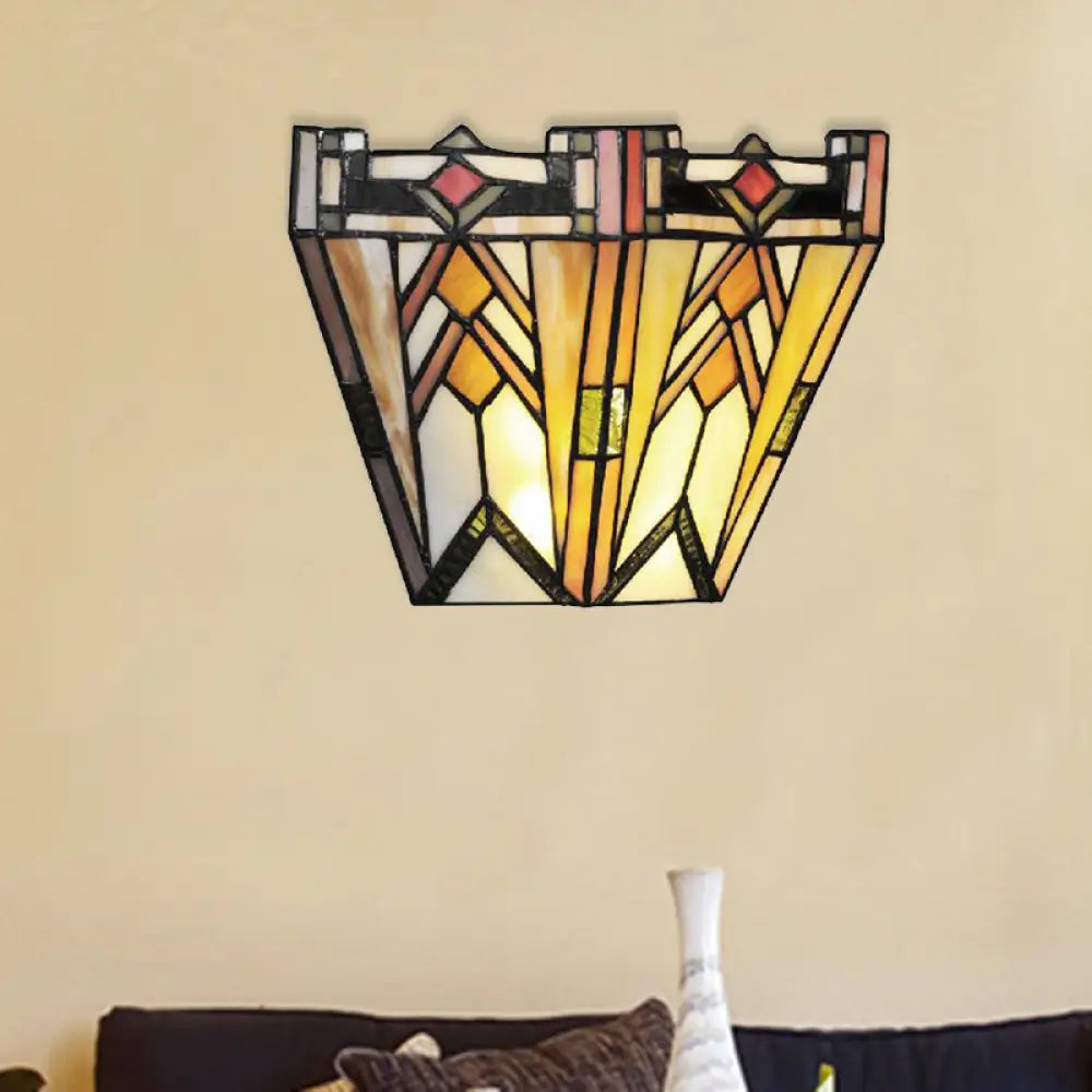 Craftsman Stained Glass Wall Lamp: Geometric Design, 1 Light Sconce in Beige for Living Room Lighting