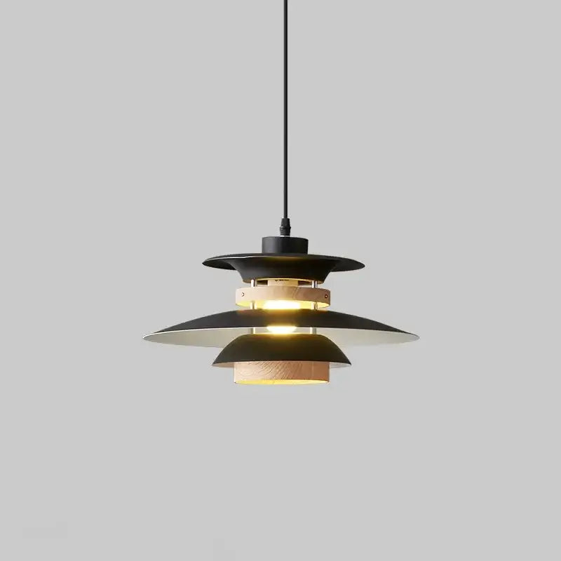 Black and wood-toned layered pendant light with modern tiered design inspired by decorbites colorful umbrella shape chandelier