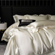Cream and black egyptian cotton bedding set with cream satin, black lace trim, and matching quilted headboard decorbites brocade lace