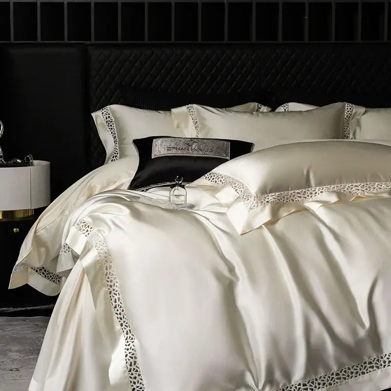 Cream and black egyptian cotton bedding set with cream satin, black lace trim, and matching quilted headboard decorbites brocade lace